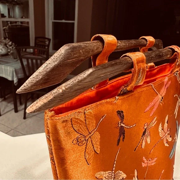 Vintage Dragonfly Silk Bag Wood Handle Artisanal Boho Asian Statement - Picture 6 of 11